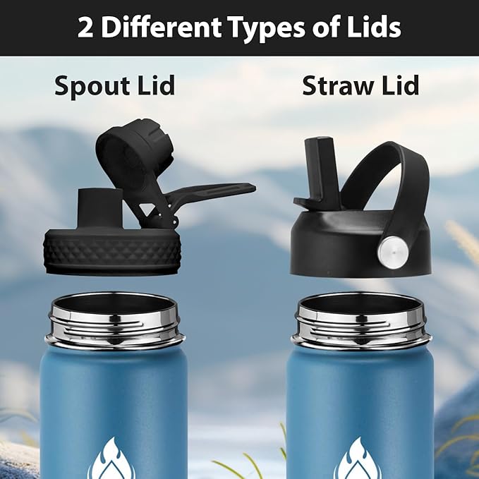 SENDESTAR Water Bottle 32oz Double Wall Vacuum Insulated Leak Proof Stainless Steel Sports Water Bottle—Wide Mouth with New Flex Straw Lid & Spout Lid (Deep Blue&Black)