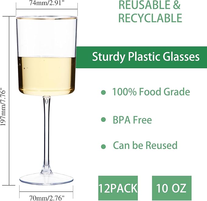 Ciaell 12 Pack Plastic Wine Glasses - 10 Oz Plastic Wine Glasses with Stem - Gold Rim Disposable Cups for Parties & Weddings & Poolside & Toasting & Outdoors & Christmas & New Year