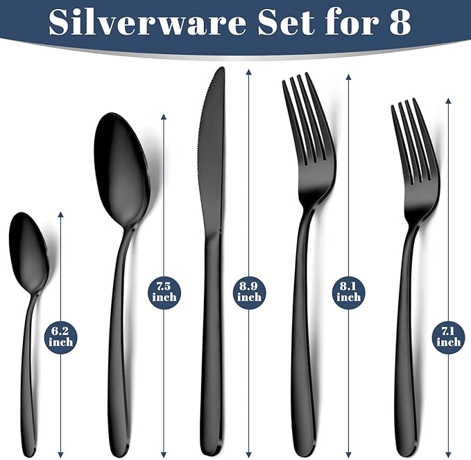 Black Silverware Set - 40PCS Stainless Steel Silverware Set for 8, Includes Forks Spoons and Knives, Utensil Sets for Home Kitchen Restaurant, Dishwasher Safe