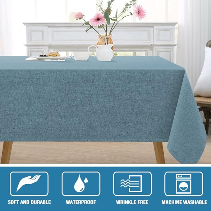 H.VERSAILTEX Linen Textured Tablecloth 60 x 102 Waterproof Decorative Table Cloth Spill-Proof Linen Look Cover for Party Table Extra Soft and Thick Fabric Wrinkle Free, Heather Stone Blue