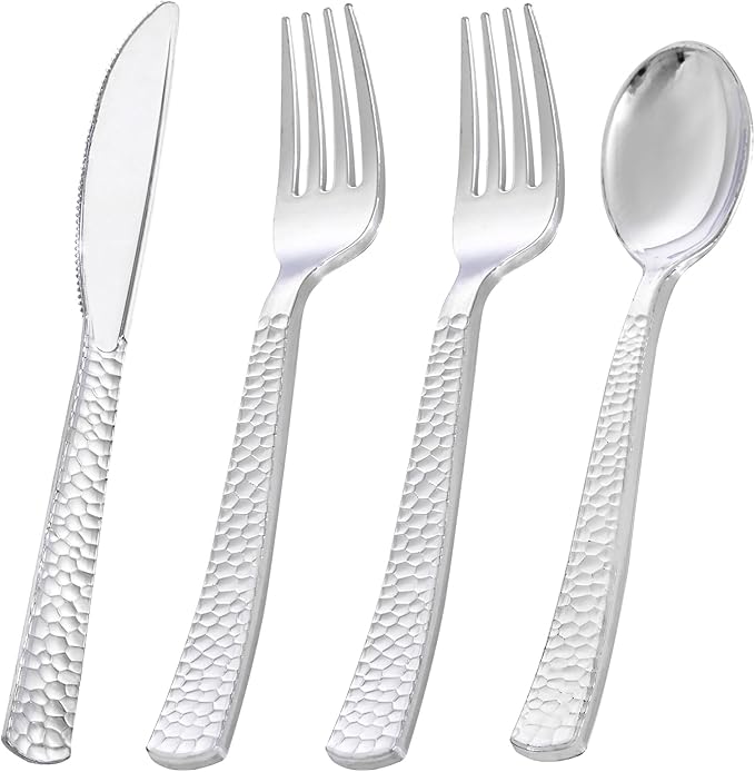KIRE 400PCS Silver Plastic Silverware - Disposable Silverware, Heavy Duty Plastic Silverware Set Include 200 Silver Forks,100 Silver Knives,100 Silver Spoons for Party,Wedding for Christmas