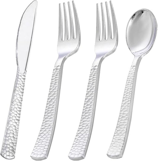 KIRE 400PCS Silver Plastic Silverware - Disposable Silverware, Heavy Duty Plastic Silverware Set Include 200 Silver Forks,100 Silver Knives,100 Silver Spoons for Party,Wedding for Christmas