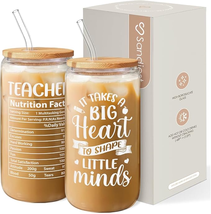 SANDJEST Teacher Gifts for Women - 16 Oz Can Glass Coffee Cup with Straws - Teacher Appreciation Gift for Women on Birthday Back To School