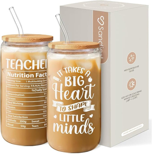 SANDJEST Teacher Gifts for Women - 16 Oz Can Glass Coffee Cup with Straws - Teacher Appreciation Gift for Women on Birthday Back To School