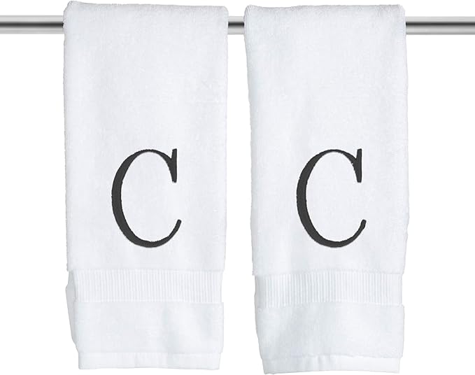 Black Initial Hand Towel for Bathroom - Monogrammed Luxury Hotel Quality Decorative Embroidered Towel for Powder Room, Spa - GOTS Organic Certified - Set of 2 Letter C