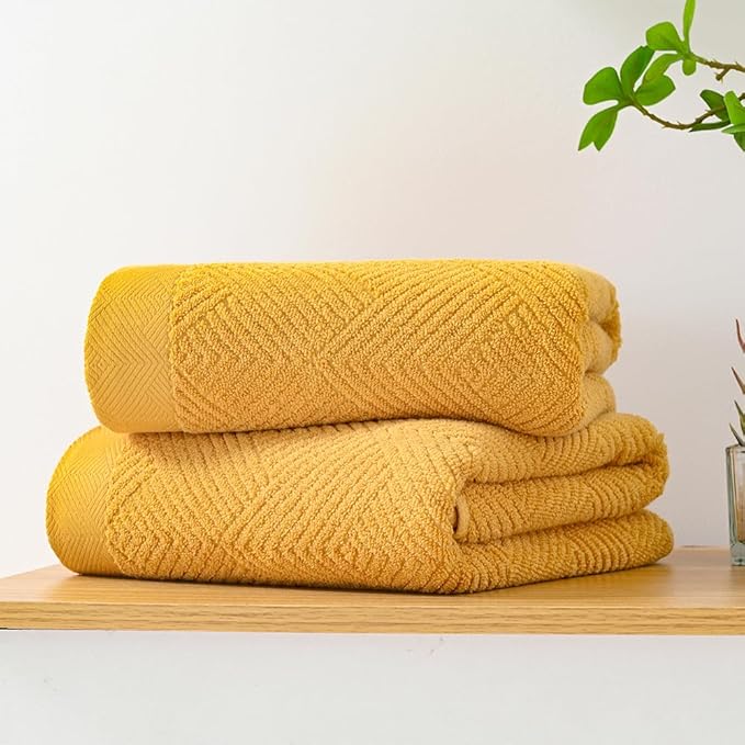 sense gnosis Yellow Bath Towels Set of 2 Striped Weave 100% Terry Cotton Towel Super Soft Highly Absorbent Bath Towel for Bathroom 27" X 55"