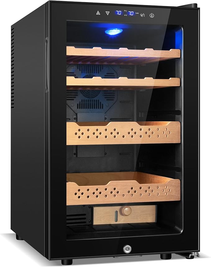 Electric Humidor-70L Cooling & Heating Humidor, Smart Touch Control Humidity & Temp, Humidors wtih Spanish Cedar Wood Tray, Digital Display, Safety Lock, Desktop Gift for Men