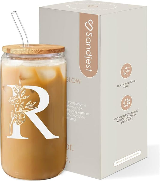 SANDJEST Monogrammed Gifts for Women - Monogram R Initial Glass Cup 16 Oz Can Coffee Cups with Lid and Straw - Monogram Initials Gifts for Womens on Birthday