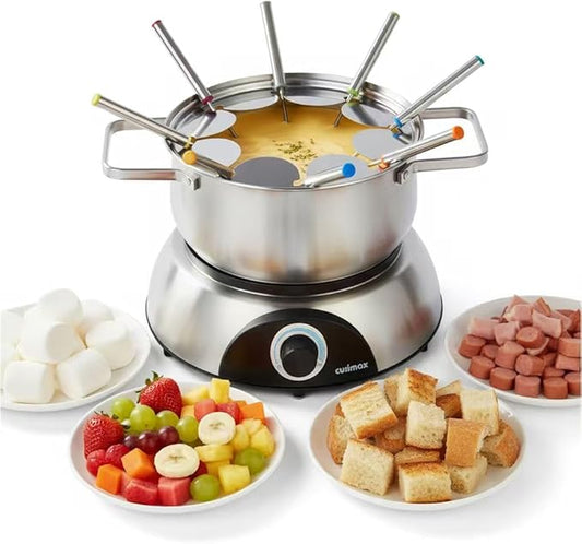 CUSIMAX 1500W Electric Fondue Pot Set, Fondue Pot for Chocolate, Cheese, Broth, Oil, Luminated Control Dial, Fondue Set with 8 Colour Coded Stainless Steel Forks, 1.4-Quart - Stainless Steel