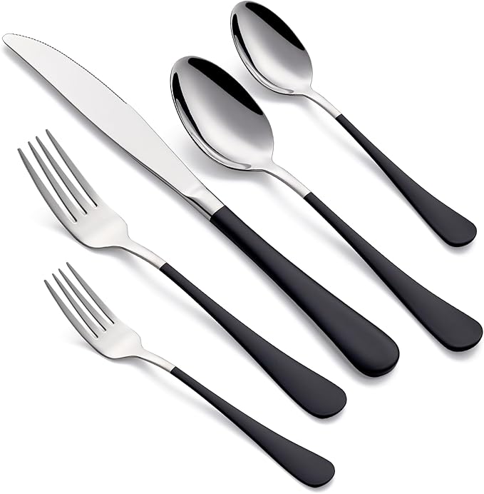 20-Piece Black Silverware Set for 4, 18/0 Stainless Steel Flatware Cutlery Utensils Set, Include Dinner Knives,Dinner Forks,Dinner Spoons,Salad Forks,Teaspoons, Elegant Gift，Dishwasher Safe
