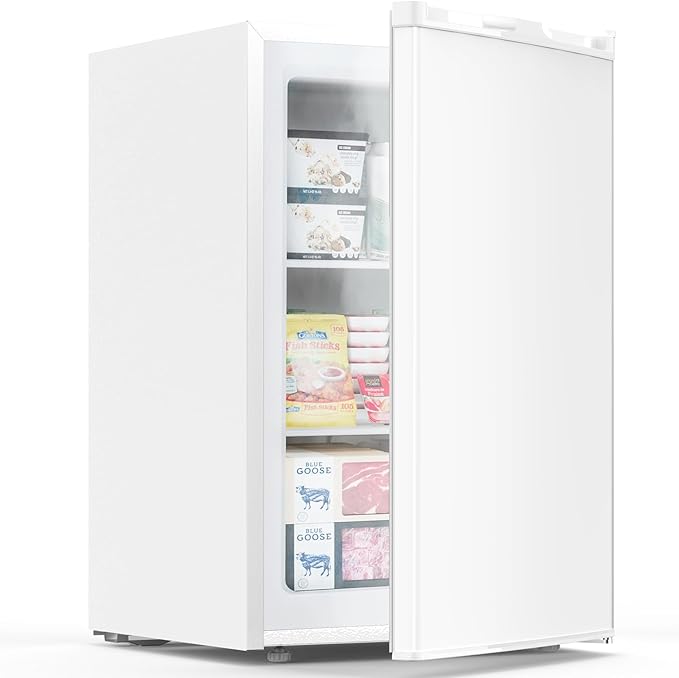 COWSAR 3.0 Cu.Ft Upright Freezer, Compact Freezer, Standing Deep Freezer with Adjustable Thermostat, Removable Shelves & Reversible Door,Fast Cooling for Office,Dorm,Commercial,White