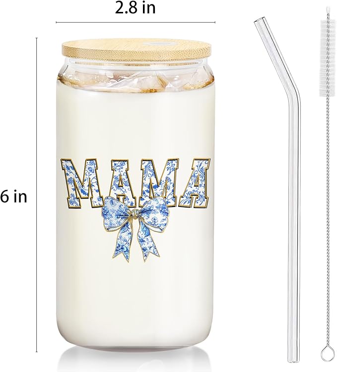 Blue Bow Mama Glass Cup with Lids and Straws 14oz, Best Mother's Day Birthday Gifts for Mama Mom Gifts from Daughters Sons Glass Iced Coffee Tumbler Drinking Jars with Cleaning Brush