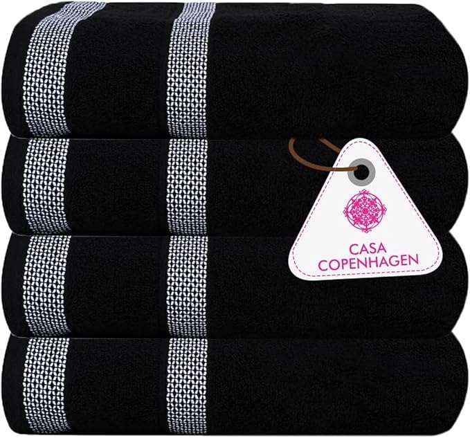 CASA COPENHAGEN Solitaire Towels, 4 Pieces Bath Towel Set- Black, 600 GSM Designed in Denmark Made of Soft Egyptian Cotton for Bathroom, Kitchen & Shower