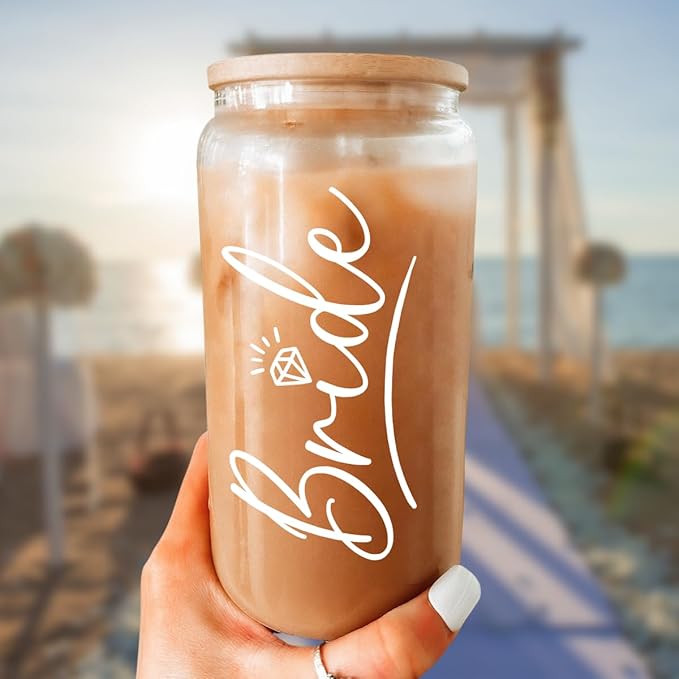 SANDJEST Bride Glass Coffee Cup 16 Oz with Bamboo Lid and Straw - Bridal Shower Gift - Engagement Gifts for Women - Bride Gifts