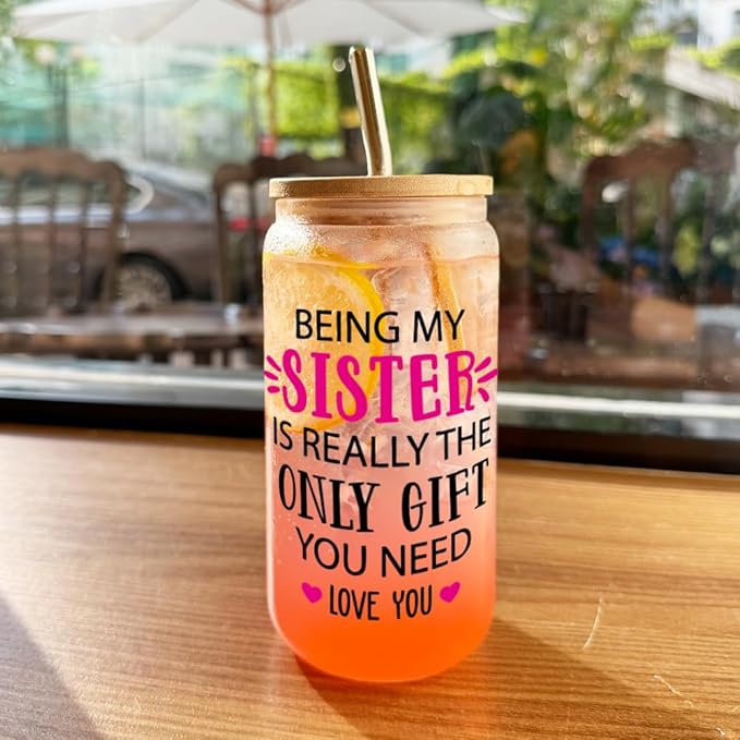 Cute Sister Birthday Gifts for Women,Sister's birthday Gifts from Sis,Being My Sister is Really The Only Gift You Need Glass Coffee Cups with Lids and Straws,Sis Gifts for Christmas,Thanksgiving -132