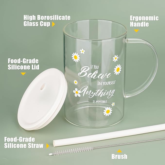 NiHome 33oz Large Clear Glass Cup with Handle, Silicone Lid & Straw, Wide Mouth Glass Coffee Mug for Hot and Cold Drinks, Glass Tumbler Set with Decorative Daisy Pattern for Coffee/Beer/Milk/Tea/Water