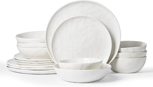 Famiware Porcelain kitchen plates and bowls set, Modern dishes set for 4, Handmade Wave Edge Dinnerware Sets, Microwave and Dishwasher Safe Tableware, Polar White (16pc)