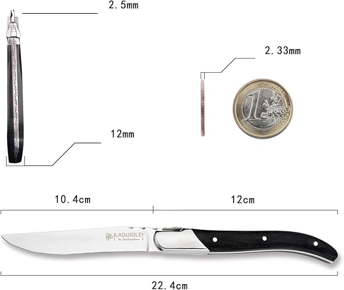 [Set of 6]Steak Knives, Hailingshan Stainless Steel Straight Blade Sharp Heavy-Duty Premium Dishwasher Safe Polished Table Dinner Cutlery Flatware Laguiole Steak Knife 22cm Gift Box-Black Wood Handle