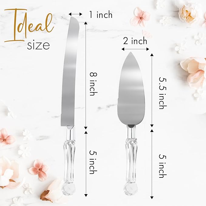Wedding Cake Knife and Server Set, Cake Cutter and Pie Spatula, Cake Server and Knife Set of 2 with Crystal Handles, 1.2mm Thick Blades, Cutting Set for Birthdays, and Parties (Crystal Silver)