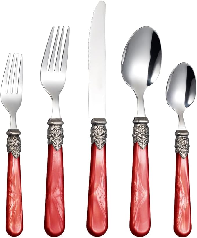 20 Pieces 18/10 Stainless Steel Elegant Silverware Set for 4,Vintage Flatware Set,Dishwasher Safe (20, Red)
