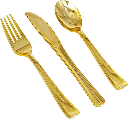 300PCS GzfunTeng Gold Plastic Silverware, Heavy Duty Disposable Cutlery Set Includes 100 Forks, 100 Knives, 100 Spoons for Party, Wedding and Daily Use (300 Pieces, Gold)