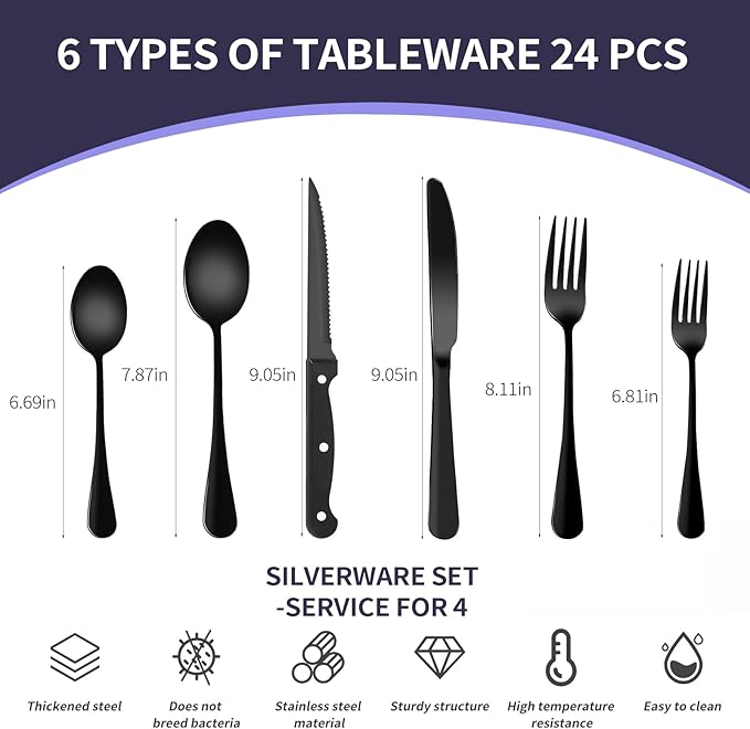 24-Piece Black Silverware Set with Steak Knives Black Stainless Steel Flatware Set for 4 Food Grade Tableware Cutlery Set Rust-proof, Mirror Polished, Dishwasher Safe