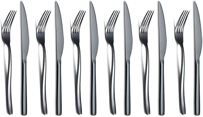 Black Steak Knives Set 12 Piece, Premium Stainless Steel 6 Dinner Forks and 6 Dinner Knives Set, Steak Knives Steak Forks for 6 Person, Dishwasher Safe (Shiny Black)