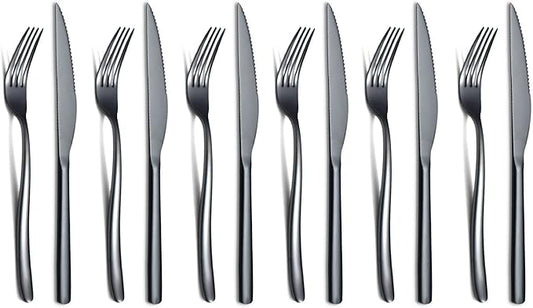 Black Steak Knives Set 12 Piece, Premium Stainless Steel 6 Dinner Forks and 6 Dinner Knives Set, Steak Knives Steak Forks for 6 Person, Dishwasher Safe (Shiny Black)