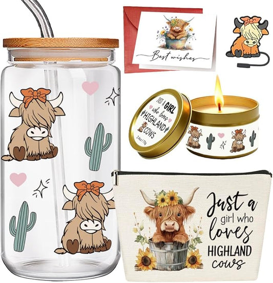 5PCS Highland Cow Cup Gifts for Women, Cute Cows Themed Stuff 16 oz Glass Cups with Lids and Straws, Highland Cow Christmas Birthday Gifts for Coffee Lovers, Women, Cowgirls, Girls, Mom-3
