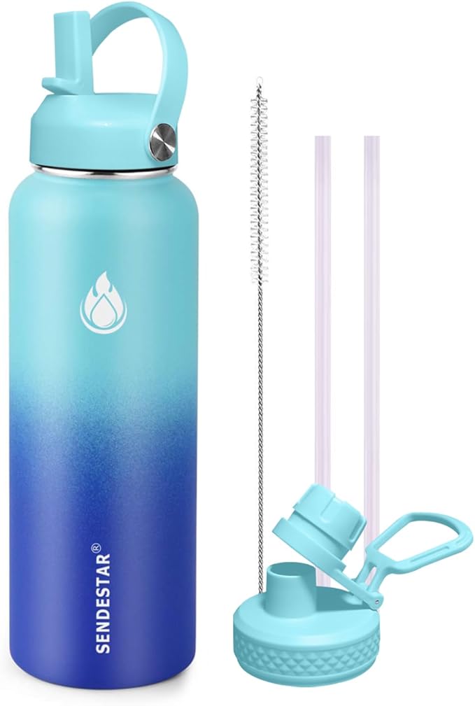 SENDESTAR Stainless Steel Water Bottle, Wide Mouth Water Bottle 18 oz, 24oz,32 oz,40 oz with 2 Lids (Straw Lid), Double Wall Vacuum Insulated Leak Proof, Keep Liquids Hot or Cold