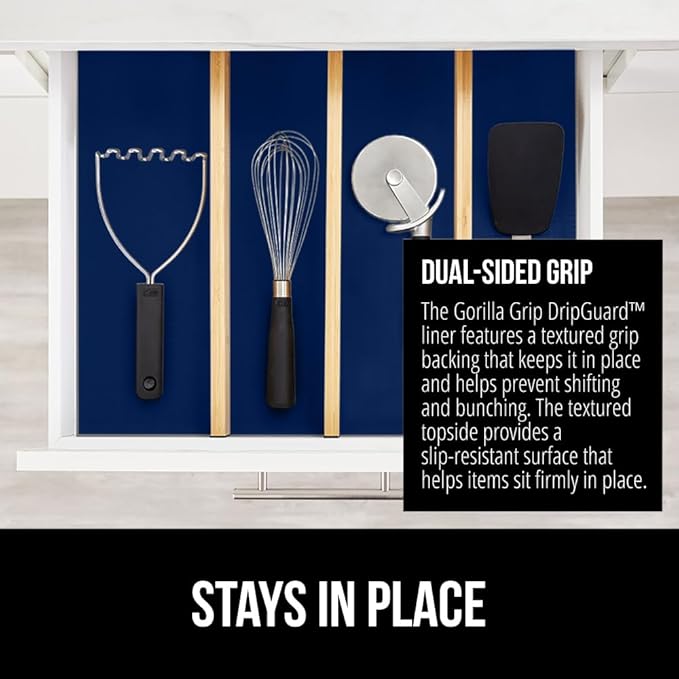 GORILLA GRIP DripGuard Shelf Liner, Non Adhesive Drawer and Kitchen Cabinet Protector, 24x240 Inch, Slip Resistant BPA Free Smooth Surface Plastic Liners for Cabinets, Bathrooms, Closets, Navy Blue