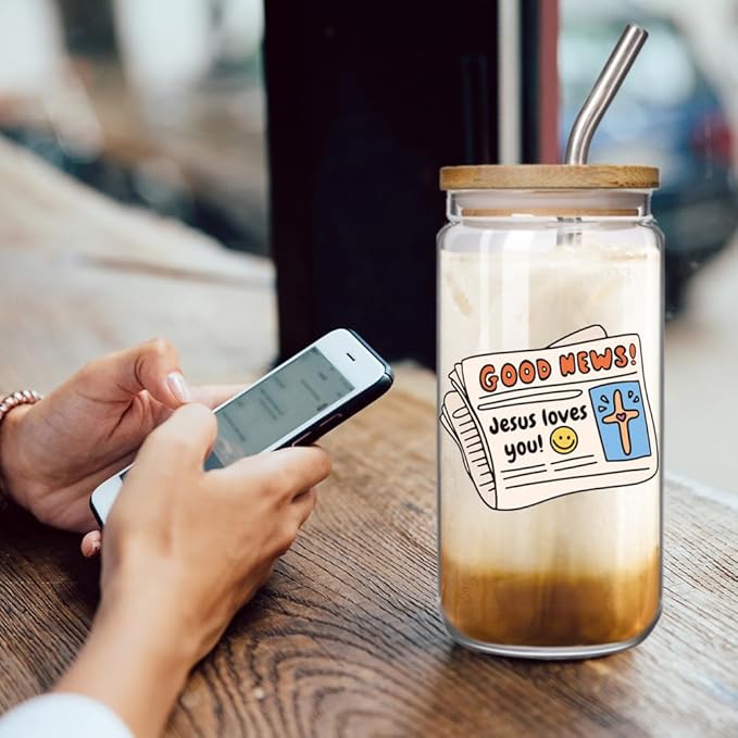 Jesus Loves You Christian 16 oz Glass Drinking Cup Gifts for Women of the Bible, Christian Faith Bible Verse Gift, Baptism Gifts,Jesus Coffee Jar Lids Straws Educational Religious Party Favors Gift