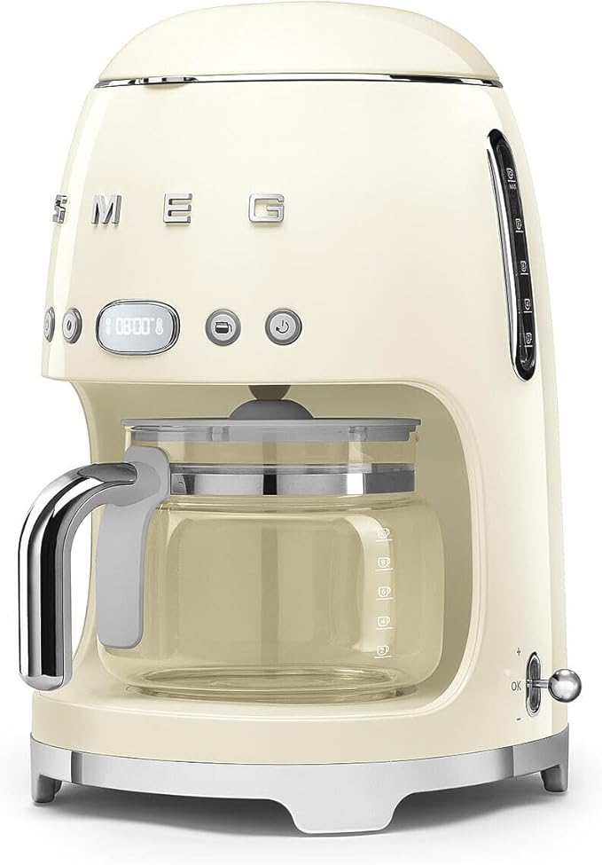 Smeg 50's Retro Style Aesthetic Drip Coffee Machine with 10 Cup Glass Carafe, Auto Start Feature, Keep Warm Plate, and Two Coffee Strength Settings (Cream)