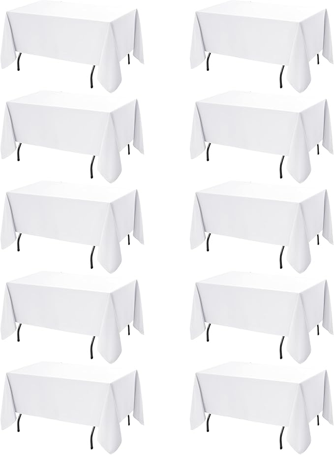 10-Pack White Tablecloths for Rectangle Tables, 70 x 108 Inches, Stain-Resistant Polyester Fabric for 6 Foot Tables - Washable Table Covers for Weddings, Banquets, Birthday Parties, Events