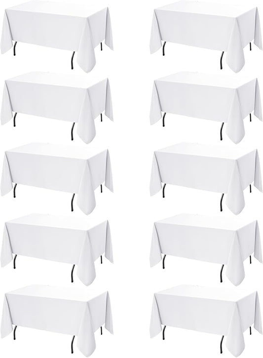 10-Pack White Tablecloths for Rectangle Tables, 70 x 108 Inches, Stain-Resistant Polyester Fabric for 6 Foot Tables - Washable Table Covers for Weddings, Banquets, Birthday Parties, Events