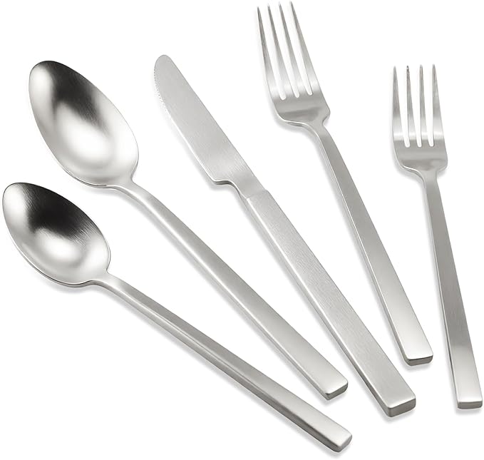 Stainless Steel Flatware Set Hand Forged 18/10 Silverware Set Cutlery Set Silver Cuboid Handle Matte Finished 20 Pieces Service for 4