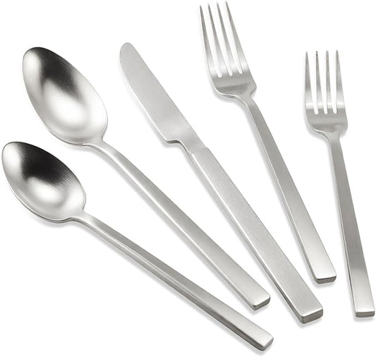Stainless Steel Flatware Set Hand Forged 18/10 Silverware Set Cutlery Set Silver Cuboid Handle Matte Finished 20 Pieces Service for 4