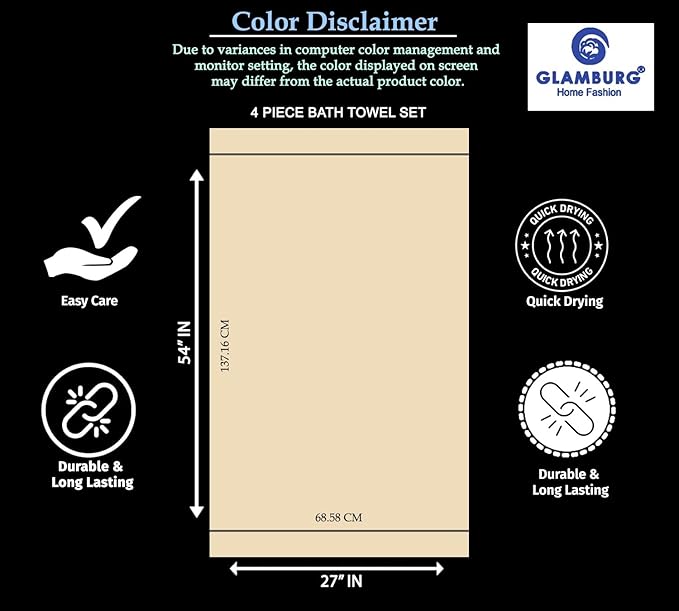 GLAMBURG Premium Cotton 4 Pack Bath Towel Set - 100% Pure Cotton - 4 Bath Towels 27x54 - Ideal for Everyday use - Ultra Soft & Highly Absorbent - Sky Blue