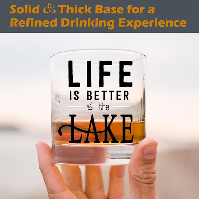 kunlisa Lake Lovers Gifts Whiskey Glasses, Lake House Decor and Gifts, Life Is Better at the Lakes 10 oz Drinking Rocks Glasses for Women Men Whisky Cocktail Scotch Bourbon Liquor