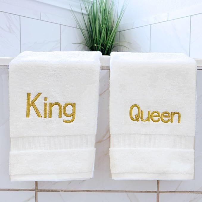 Gold Monogrammed Hand Towels for Bathroom - Luxury Hotel Quality Personalized Initial Decorative Embroidered Towel for Powder Room, Spa - GOTS Organic Certified - King and Queen