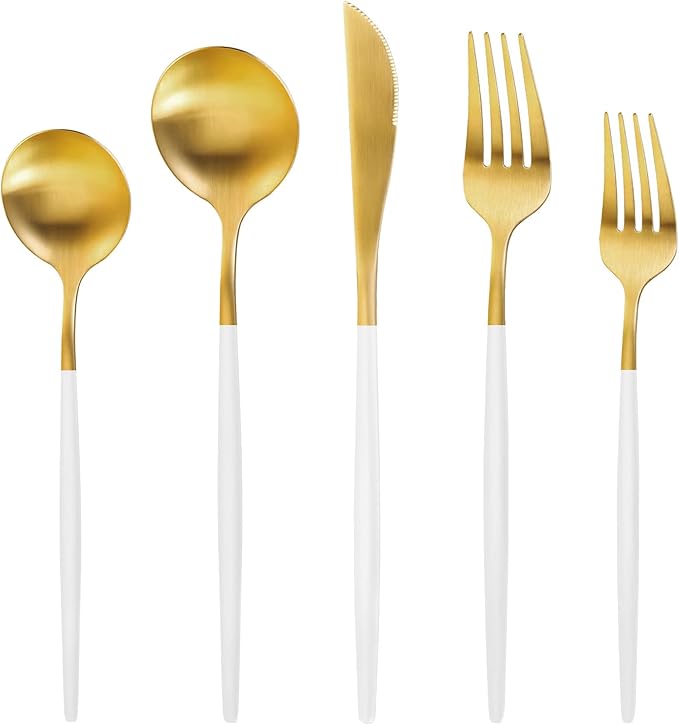 Gold Silverware Set for 8, MIKIWAY Matte Gold With White Handle Flatware Set, 40 Pieces Stainless Steel Cutlery Tableware Set, Kitchen Utensils Set Include Spoons And Forks Set, Dishwasher Safe