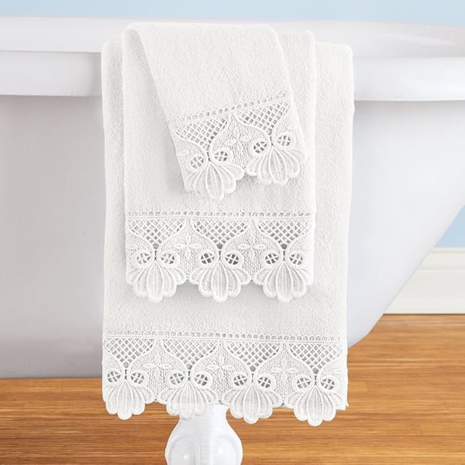 3 Piece Laced Bath Towels Set for Bathroom, Bath, Hand & Wash Cloths, Decorative Stylish Plush Cotton Washcloths - Showering, Face & Body Washing, Airbnb Essentials & Host Accessories, White