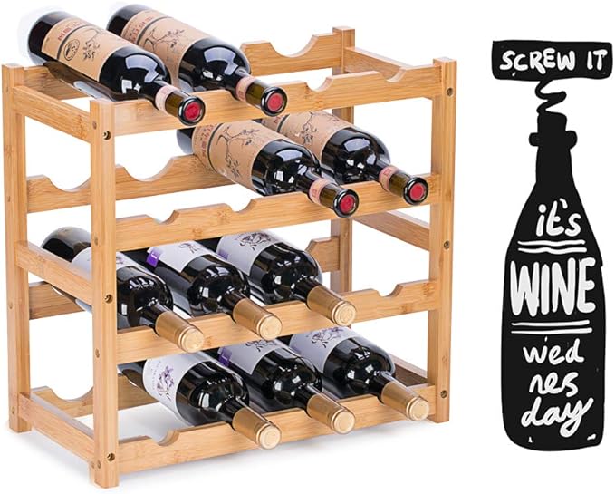 Wine Rack, Natural Bamboo Storage Rack Freestanding Countertop Stackable Display Shelf Wine Bottle Holder (4-Tiers 16-Bottles)
