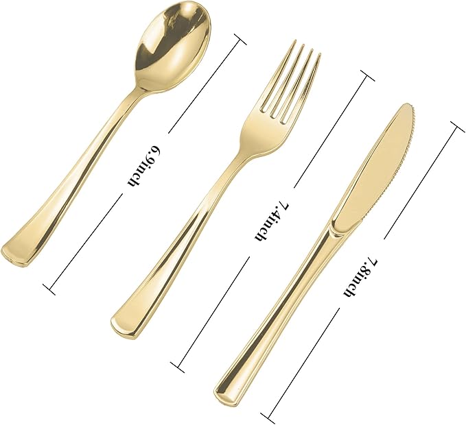N9R 160pcs Gold Plastic Silverware - Gold Plastic Utensils Set - Tableware Flatware Kit 80 Forks, 40 Spoons, 40 Knives Disposable Cutlery Set for Party, Wedding, Birthday