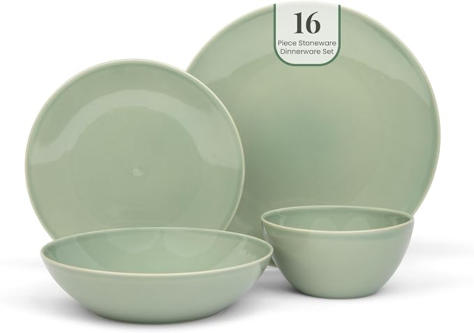 Larder & Vine Ceramic Stoneware Dinnerware 16-Piece Set, 4 Place Settings (Sage)