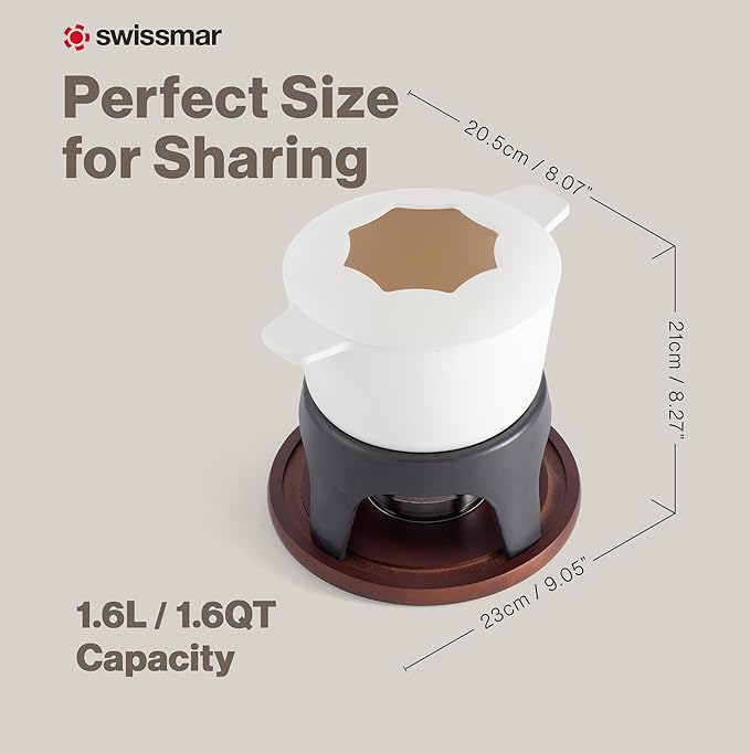 Swissmar Sierra Cast Iron Fondue Set, 1.6 Quart / 1.6 Liter – Perfect for Meat, Cheese, & Chocolate Fondues – Ideal for Family Bonding & Hosting Gifts - 12-Pieces, Matte White