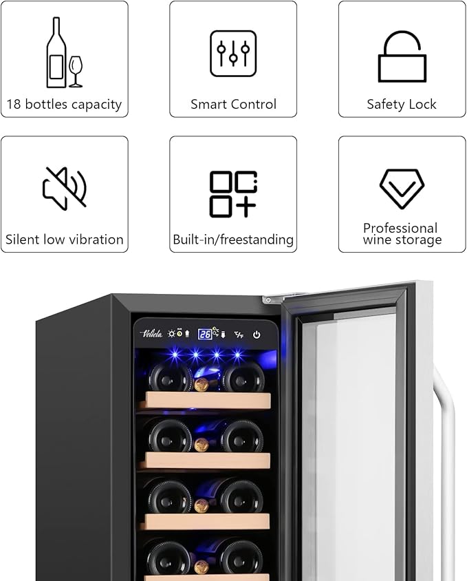 12 Inch Wine Cooler Refrigerator,Mini Wine Fridge 18 Bottle Capacity,Built-in or Freestanding Professional Wine Chiller with Quiet and Stable Temperature Control Systems.