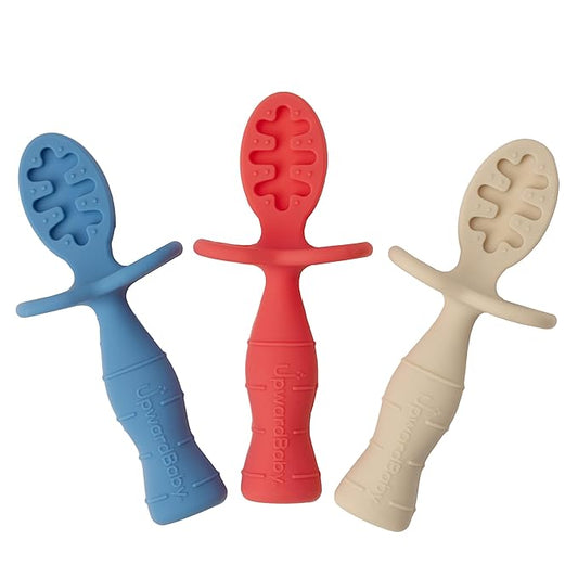 Upward Baby Spoons Self Feeding 6+ Months - 3 Pack, Chewable Toddler Utensils with Anti Choke Barrier, Baby Feeding Essentials, Baby Spoons 4 months, Silicone Spoons, Red White Blue