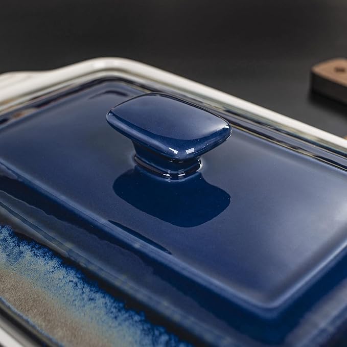 LOVECASA 4.5 Quart Ceramic Casserole Dish with Lid, 9x13 Baking Dish for Oven, Lasagna Pan Deep with Handles, Stoneware Bakeware, Oven & Dishwasher Safe, Blue Gray Gradient