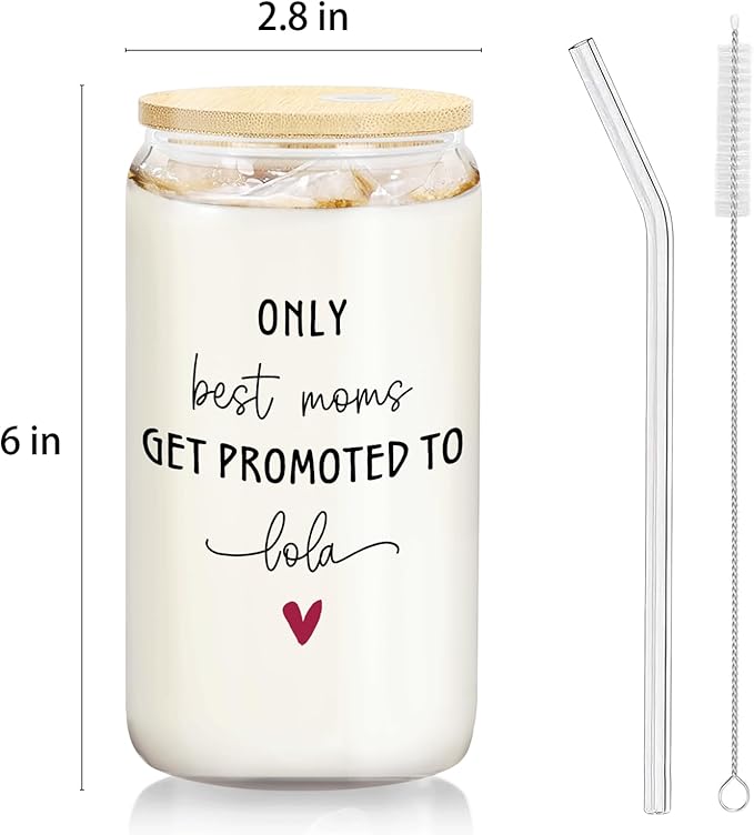 Lola Grandma Announcement Gifts Glass Cup with Lids and Straws 14oz, Pregnancy Announcement for Grandma, Get Promoted to Lola Glass Iced Coffee Tumbler Drinking Jars with Cleaning Brush